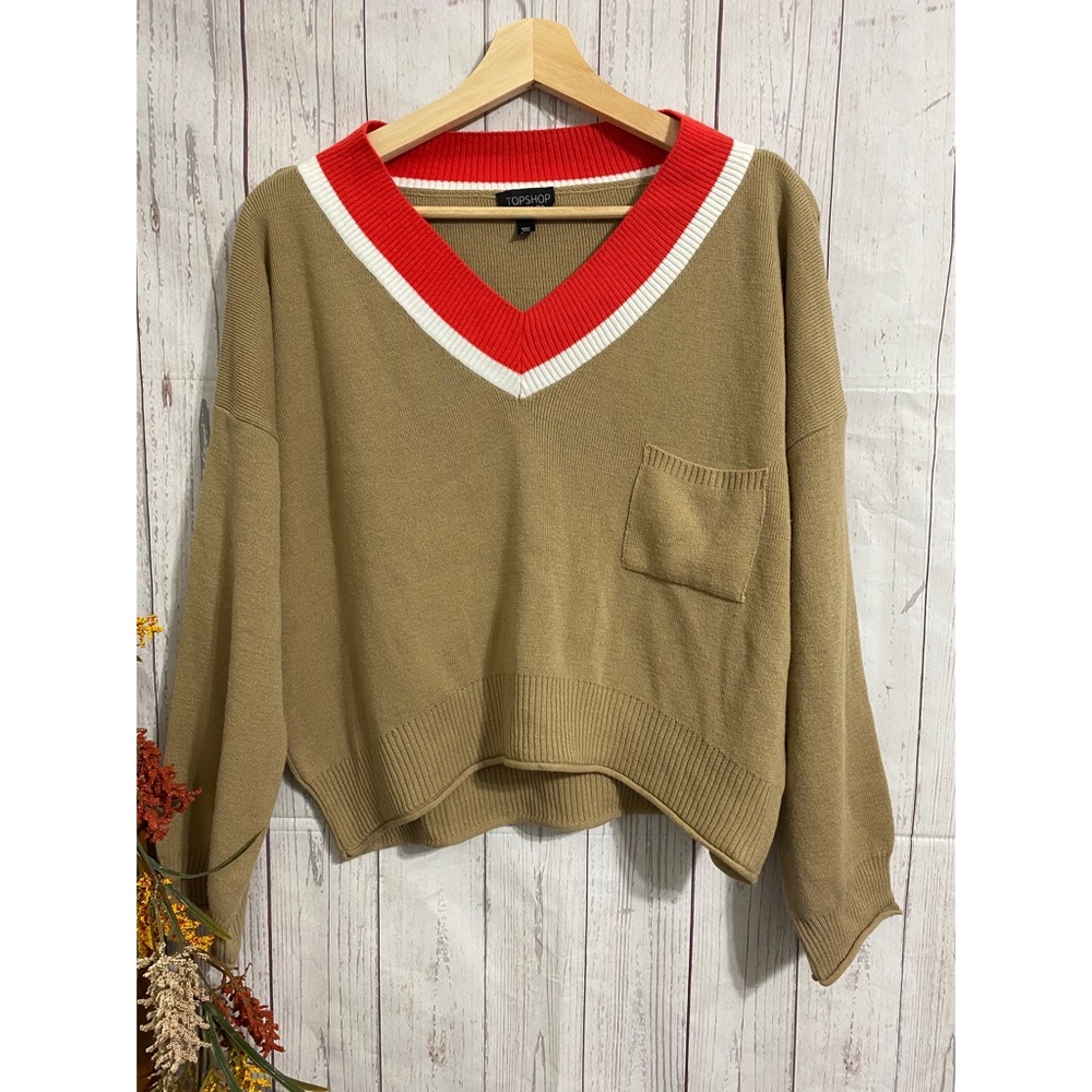 TOPSHOP Crop V neck wide Sleeve Sweater Tan Size 6